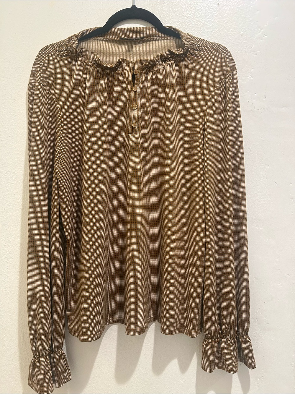 Adrianna Papell Brown Checked Long Sleeve Ruffle Henley Top